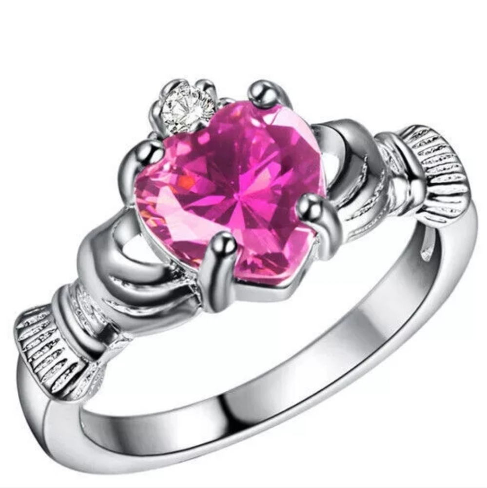 Silver Pink Heart Claddagh Ring- Size 8
